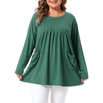Women's Plus Size Tops Crew Neck Long Sleeve Front Pleated Button Knit Blouses with Pockets