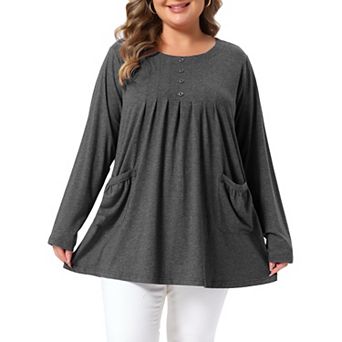 Women's Plus Size Tops Crew Neck Long Sleeve Front Pleated Button Knit Blouses with Pockets