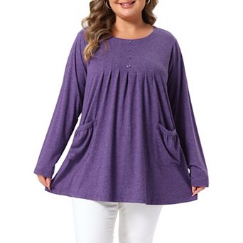 Women's Plus Size Tops Crew Neck Long Sleeve Front Pleated Button Knit Blouses with Pockets