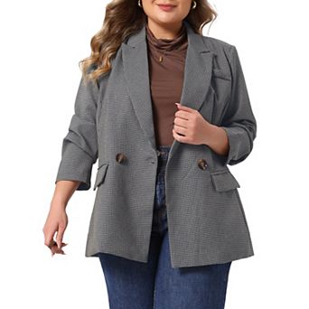 Women's Plus Size Blazer Double Breasted Plaid Work Office Suit Jacket Business Blazer Professional