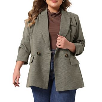 Women's Plus Size Blazer Double Breasted Plaid Work Office Suit Jacket Business Blazer Professional