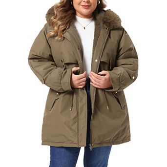 Women's Plus Size Coats Drawstring Waist Zipper Rain Windbreaker with Detachable Hood Winter Jackets