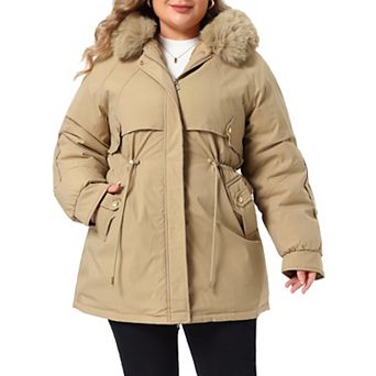 Women's Plus Size Coats Drawstring Waist Zipper Rain Windbreaker with Detachable Hood Winter Jackets