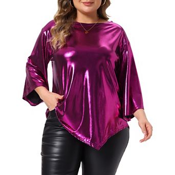 Women's Plus Size Metallic Top Crew Neck 3/4 Bell Sleeve Irregular Hem Club Shiny Party Tops