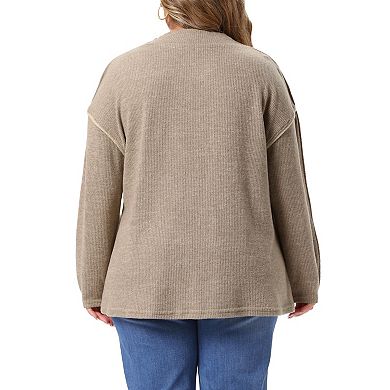 Women's Plus Size Classic Mock Neck Long Sleeve Patchwork Pullover Sweater