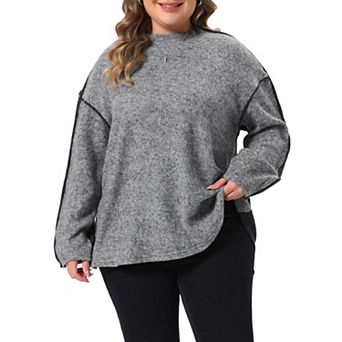 Women's Plus Size Classic Mock Neck Long Sleeve Patchwork Pullover Sweater