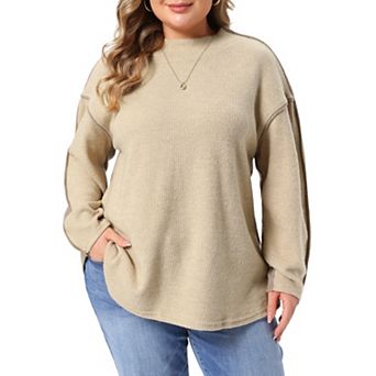Women's Plus Size Classic Mock Neck Long Sleeve Patchwork Pullover Sweater