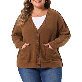 Women's Plus Size Sweater Cardigan Open Front Long Sleeve with Two Pockets Knit Fall Winter Cardigan