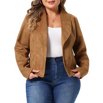 Womens Plus Size Faux Suede Lapel Open Front Shawl Collar Cropped Jacket