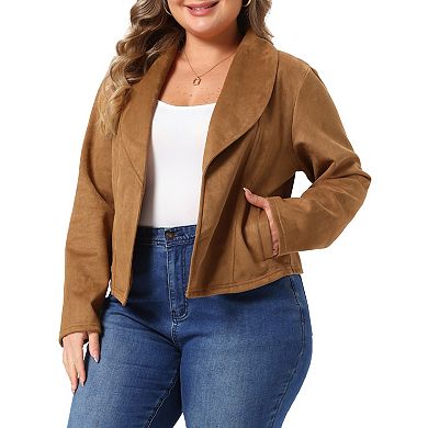 Womens Plus Size Faux Suede Lapel Open Front Shawl Collar Cropped Jacket