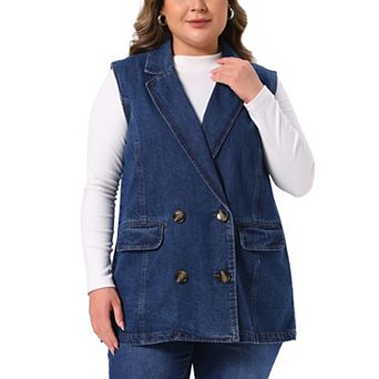 Women's Plus Size Denim Vest Double Breasted Sleeveless Notched Lapel Vests Jean Waistcoat