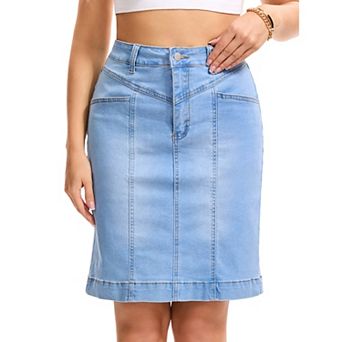Women's Denim Skirt Casual High Waisted Pockets Above the Knee Stretchy Jean Pencil Skirts