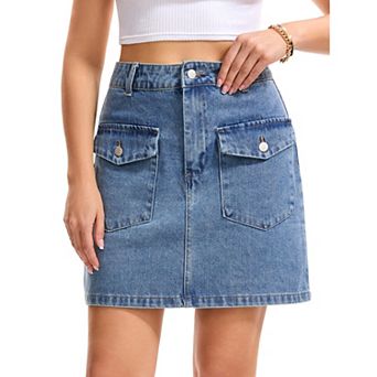 Women's Denim Skirt Casual High Waisted Front Pockets Classic Trendy Mini Jean Skirt