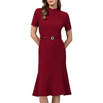 Women's Vintage Mock Neck Dress Church Work Short Sleeve Fishtail Dresses with Belted