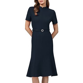 Women's Vintage Mock Neck Dress Church Work Short Sleeve Fishtail Dresses with Belted
