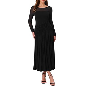 Women's Wedding Guest Dress Pleats Ruched Long Sleeve Crewneck Evening Maxi Flowy Dress