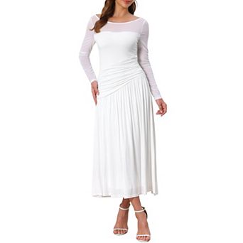 Women's Wedding Guest Dress Pleats Ruched Long Sleeve Crewneck Evening Maxi Flowy Dress