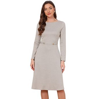 Work Dresses for Women Boat Neck Long Sleeve A Line Business Casual Formal Dress with Pockets
