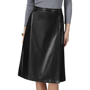 Women's Faux Leather Skirt High Waist Faux Wrap Business Casual PU A Line Skirts