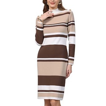 Women's Striped Sweater Dress Mock Neck Long Sleeve Casual Work Ribbed Knit Pencil Dresses