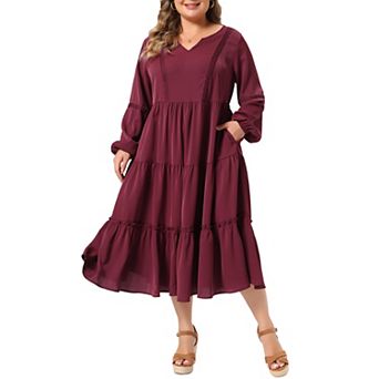 Women's Plus Size Tiered Midi Dress Long Sleeve Split V Neck Loose Flowy Ruffle Layered Shift Dress