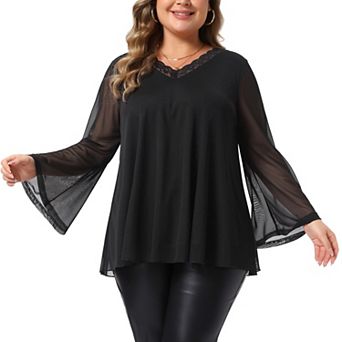 Women's Plus Size Tunic Top Lace V Neck Mesh Long Flared Bell Sleeve Double Layer Chiffon Blouse