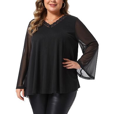 Women's Plus Size Tunic Top Lace V Neck Mesh Long Flared Bell Sleeve Double Layer Chiffon Blouse