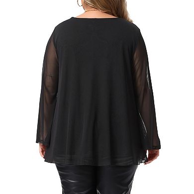 Women's Plus Size Tunic Top Lace V Neck Mesh Long Flared Bell Sleeve Double Layer Chiffon Blouse