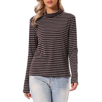 Women's Mock Neck Long Sleeve Striped Blouse Casual Tunic Knit Tee Top