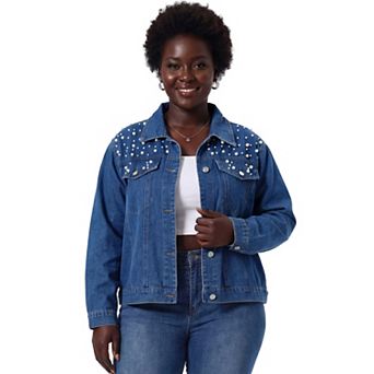 Women's Plus Size Denim Jacket Long Sleeve Pearl Embroidered Jean Coat with Pockets Western Outfits