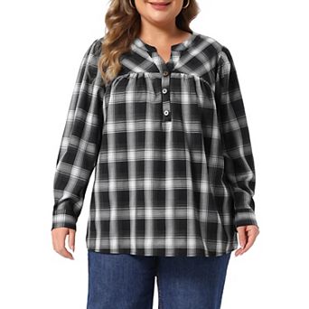 Women's Plus Size Notch V Neck Plaid Blouse Top for Casual and Office Wear