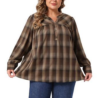 Women's Plus Size Notch V Neck Plaid Blouse Top for Casual and Office Wear