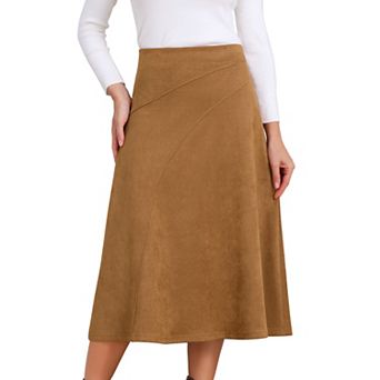 Women's Faux Suede Skirts Elastic High Waist A Line Midi Skirt Fall Winter Work Outfits