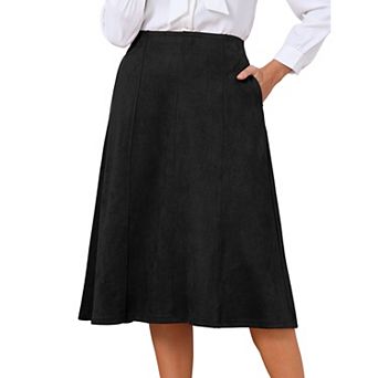 Women's Faux Suede Skirts Elastic High Waist Fall Winter A Line Work Midi Skirt with Pockets