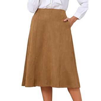 Women's Faux Suede Skirts Elastic High Waist Fall Winter A Line Work Midi Skirt with Pockets
