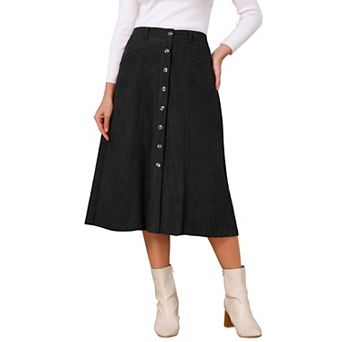 Women's Corduroy A Line Skirts Fall Winter High Waist Midi Skirt Button Down with Pockets
