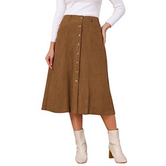 Women's Corduroy A Line Skirts Fall Winter High Waist Midi Skirt Button Down with Pockets