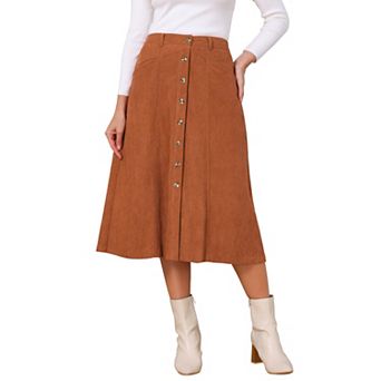 Women's Corduroy A Line Skirts Fall Winter High Waist Midi Skirt Button Down with Pockets