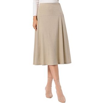 Knit Midi Skirt for Women's Elastic Waist Casual A Line Flowy Skirt