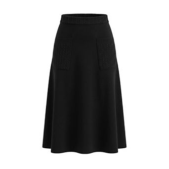 Women's Fall Winter Sweater Skirts Elastic High Waist Ribbed Knit Midi A Line Skirt with Pockets