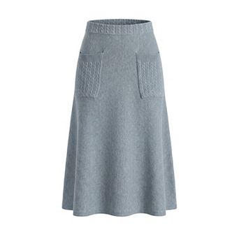 Women's Fall Winter Sweater Skirts Elastic High Waist Ribbed Knit Midi A Line Skirt with Pockets