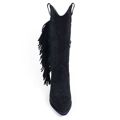 Millie-1 Fringe Western Pointed Toe Mid Calf Boots