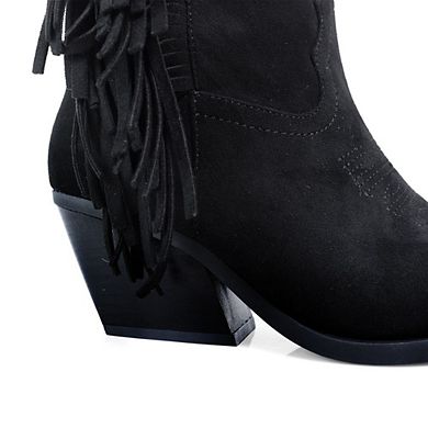 Millie-1 Fringe Western Pointed Toe Mid Calf Boots