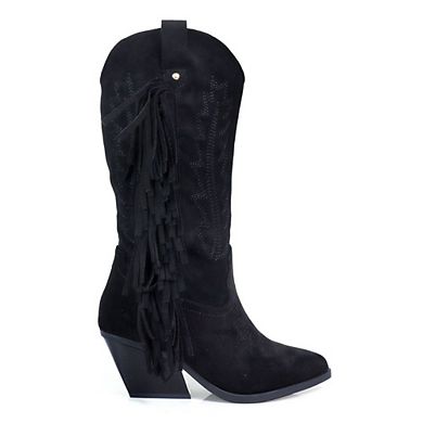 Millie-1 Fringe Western Pointed Toe Mid Calf Boots