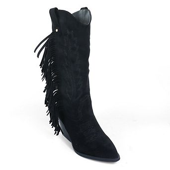Millie-1 Fringe Western Pointed Toe Mid Calf Boots