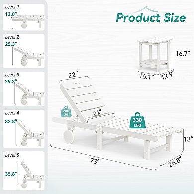 Hearthshire Chaise Lounge Chair Outdoor with Table, 2-Pcs Adjustable Backrest & Wheels