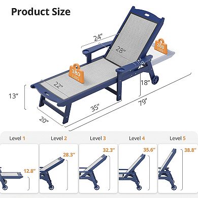 Hearthshire Outdoor Chaise Lounge with Adjustable Backrest & Wheels for Backyard, Poolside