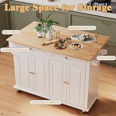 Rolling Kitchen Island Cart with Drop Leaf Countertop, 2 Drawers, Towel Rack for Dining Room