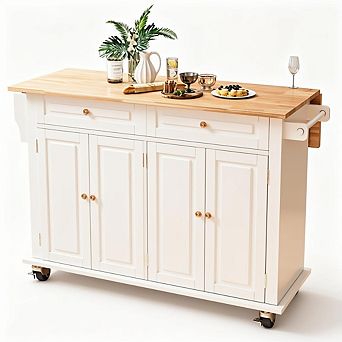 Rolling Kitchen Island Cart with Drop Leaf Countertop, 2 Drawers, Towel Rack for Dining Room