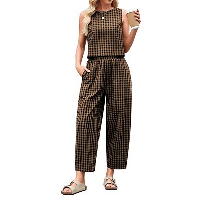 Gingham Sleeveless Top & Wide Leg Pants 2 Piece Casual Outfit Set